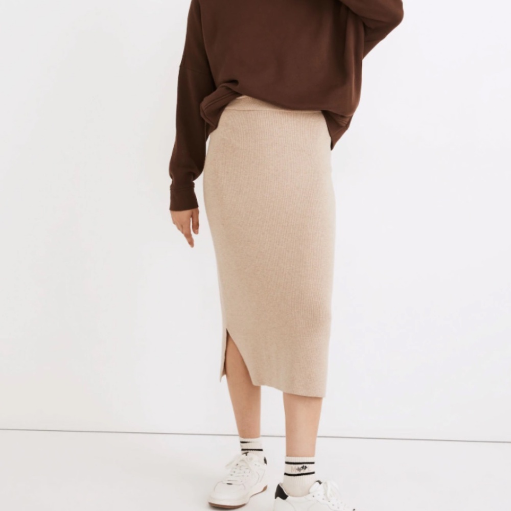 Madewell Brookhaven Minimalist Beige Pencil Midi Sweater Skirt Large